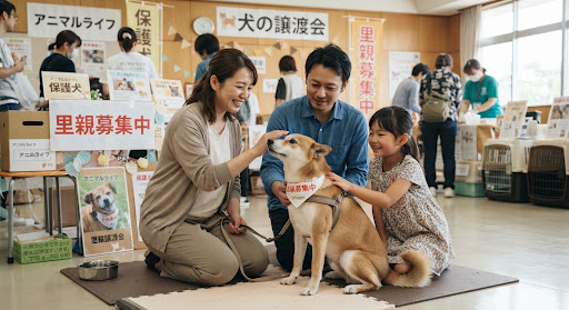 譲渡会で穏やかに触れ合う家族と保護犬